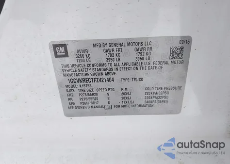 2015 Chevrolet Silverado 1500 1Lt from USA, damaged, VIN 1GCVKREC7FZ421404